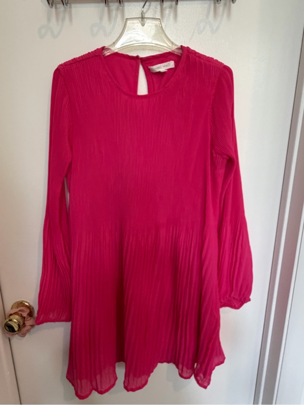 Bright Pink Long-Sleeve Pleated Swing Dress